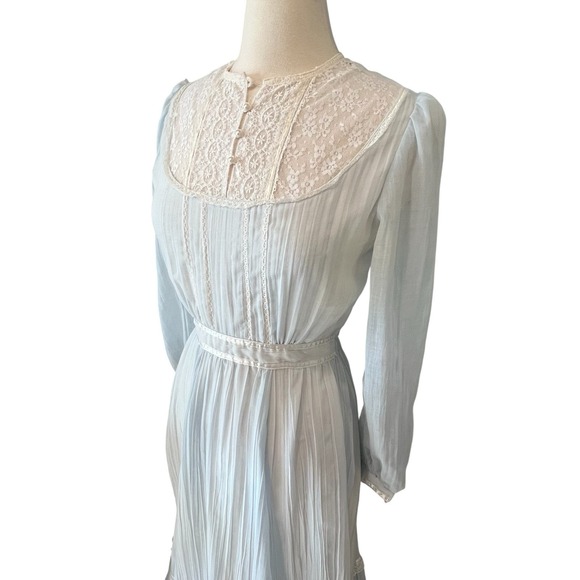 Vintage Gunne Sax Dress Prairie Light Blue Long Sleeve Maxi Boho 1970s Lace Trim